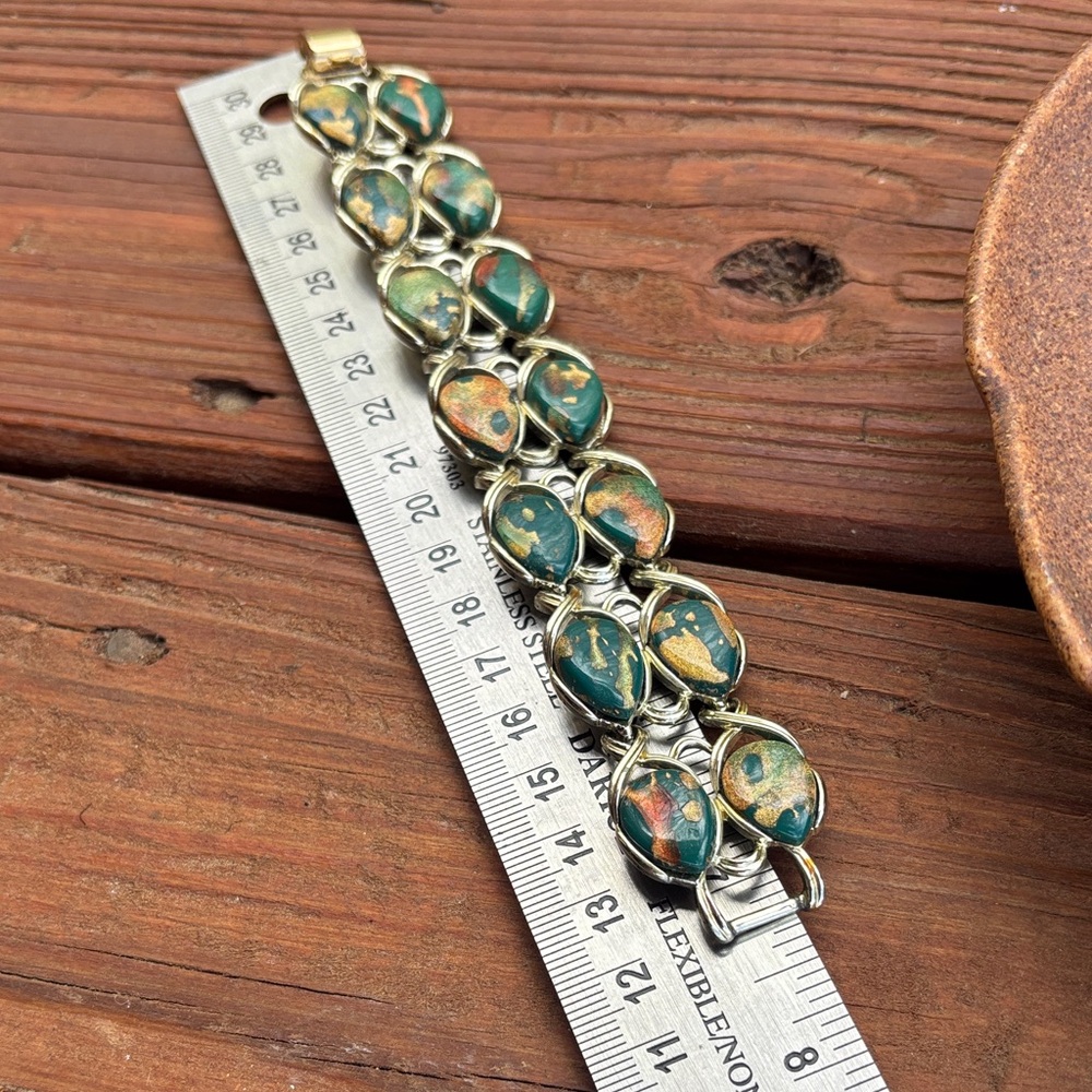 Coro Champagne Gold Bracelet and Earrings Set with Teal Marbled Accents - Picture 5 of 11
